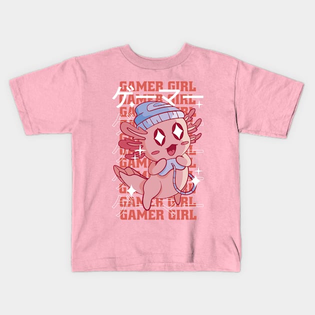 Cute Axolotl Salamander Gamer Girl Kids T-Shirt by Apache Sun Moon Rising